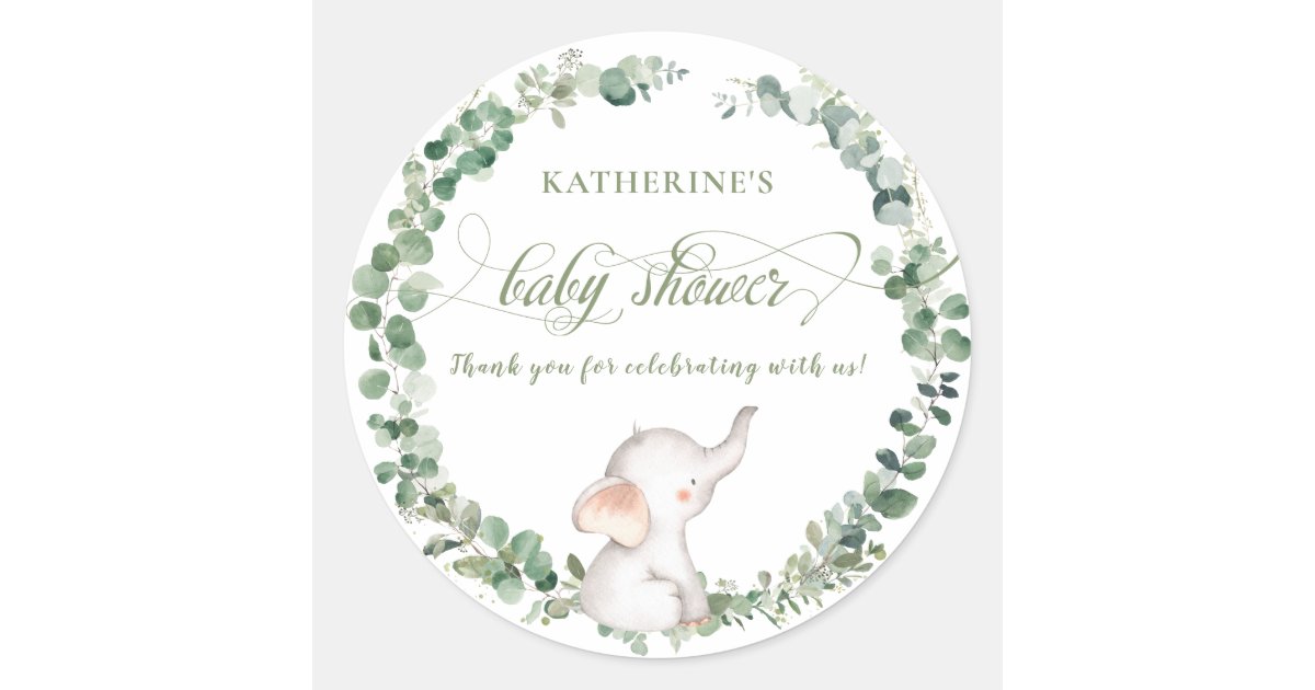 Chic Elephant Greenery Gender Neutral Baby Shower Classic Round Sticker ...