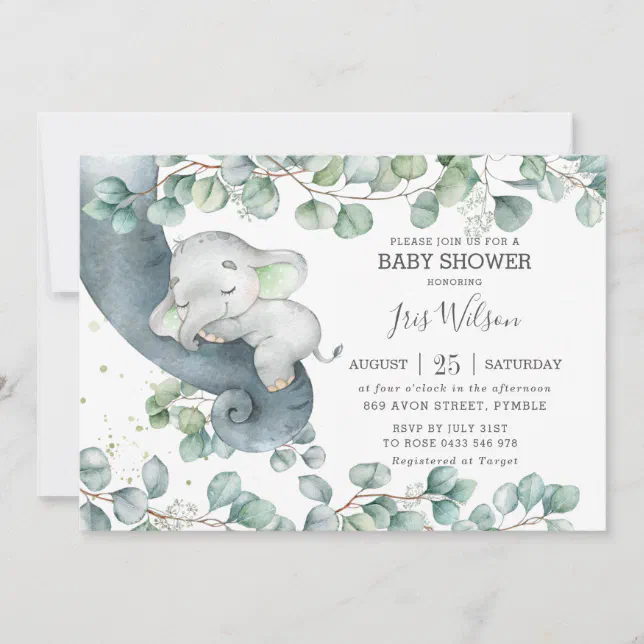 Chic Elephant Greenery Gender Neutral Baby Shower Invitation | Zazzle