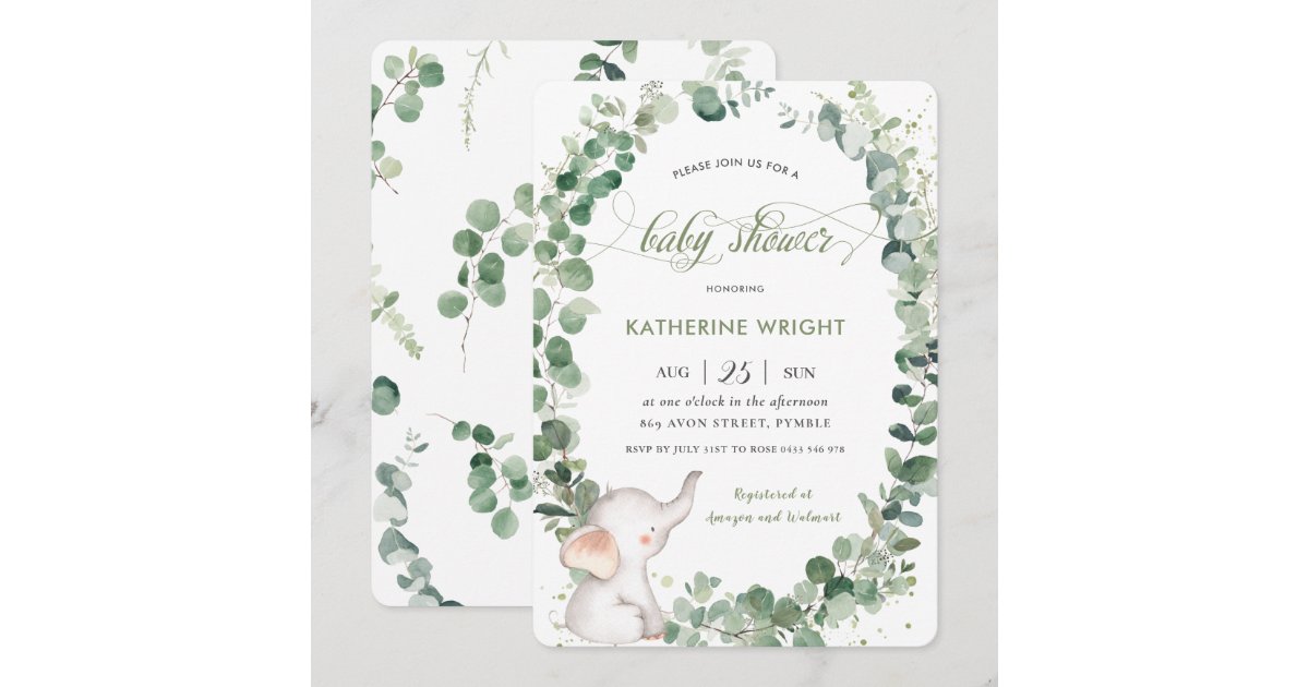 Chic Elephant Greenery Gender Neutral Baby Shower Invitation | Zazzle