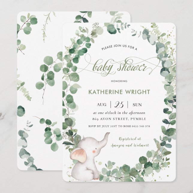 Chic Elephant Greenery Gender Neutral Baby Shower Invitation (Front/Back)