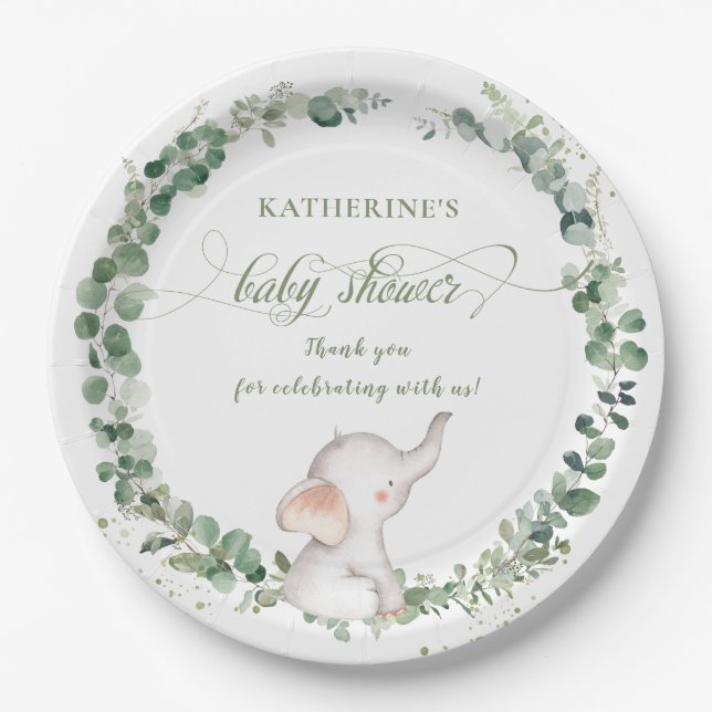 Chic Elephant Greenery Gender Neutral Baby Shower  Paper Plates (Front)