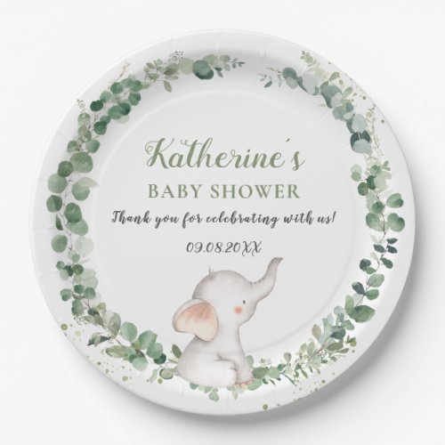 Chic Elephant Greenery Gender Neutral Baby Shower  Paper Plates