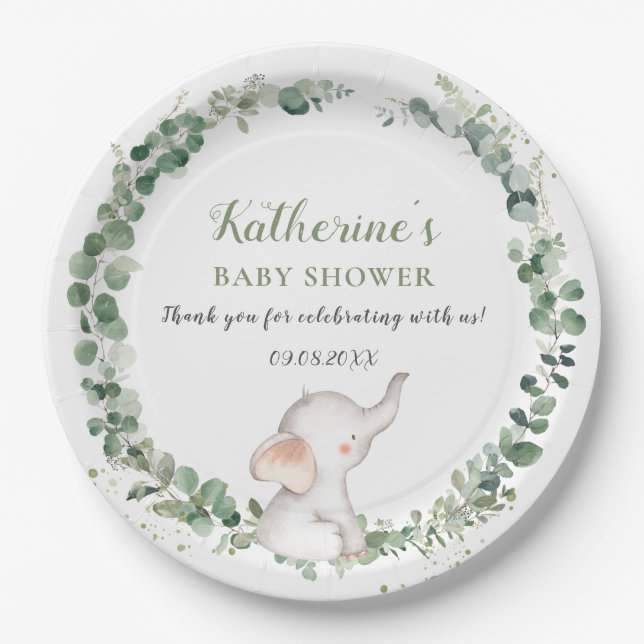 Chic Elephant Greenery Gender Neutral Baby Shower  Paper Plates (Front)