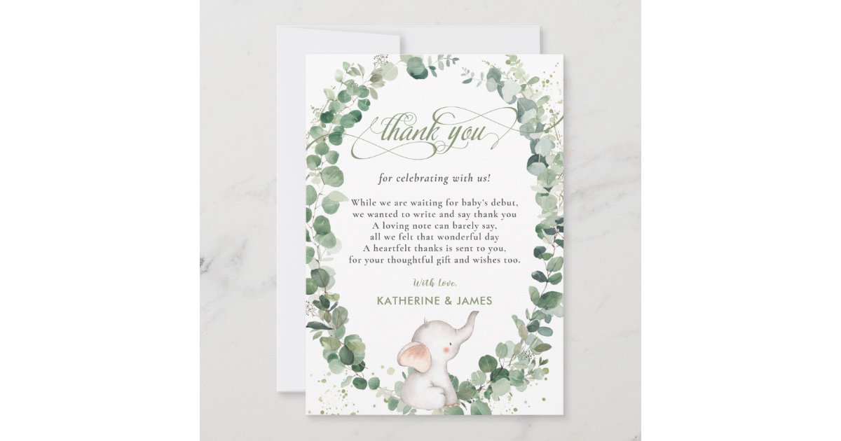 Chic Elephant Greenery Gender Neutral Baby Shower Thank You Card | Zazzle