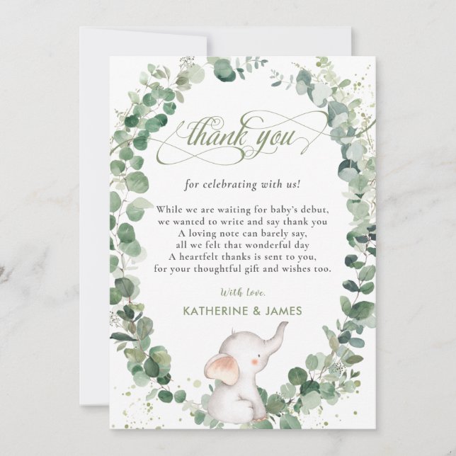 Chic Elephant Greenery Gender Neutral Baby Shower Thank You Card (Front)