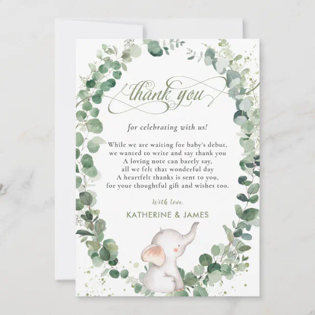 Chic Elephant Greenery Gender Neutral Baby Shower Thank You Card | Zazzle