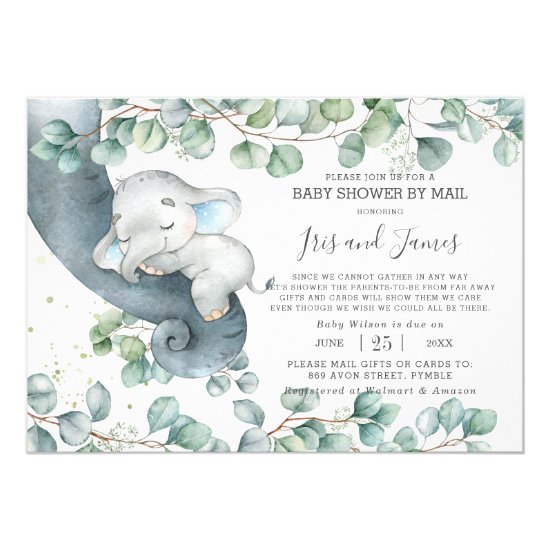 Chic Elephant Greenery Virtual Baby Shower by Mail Invitation