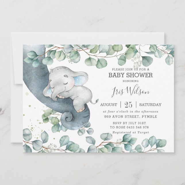 Chic Elephant Leafy Greenery Baby Shower Boy Invitation (Front)