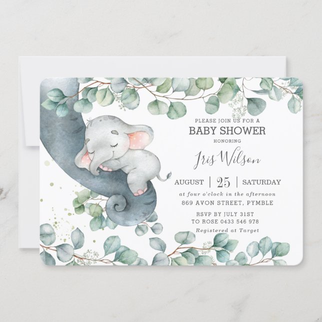 Chic Elephant Leafy Greenery Baby Shower Girl Invitation (Front)