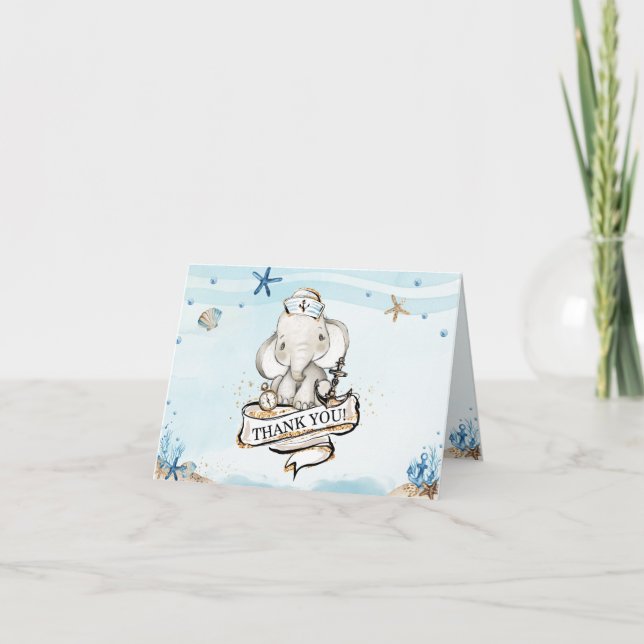Chic Elephant Nautical Blue Boy Baby Shower  Thank You Card (Front)