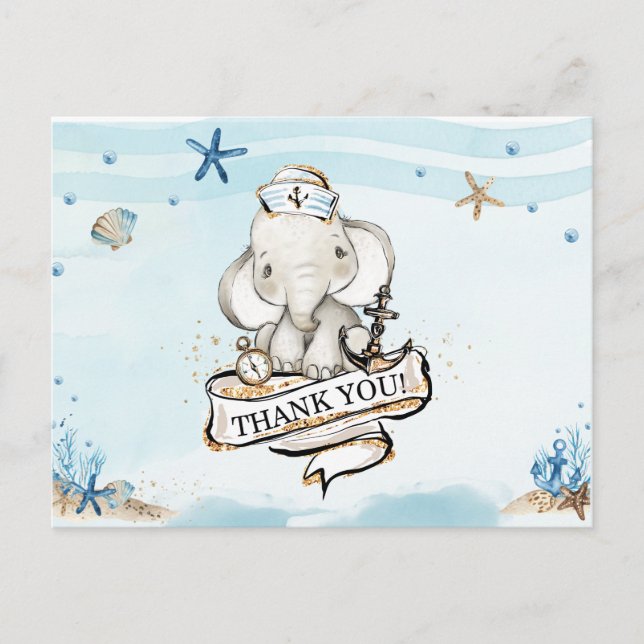 Chic Elephant Nautical Boy Baby Shower Thank You  Postcard (Front)