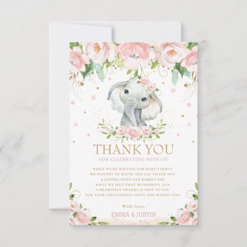 Chic Elephant Pink Floral Baby Shower 1st Birthday Thank You Card