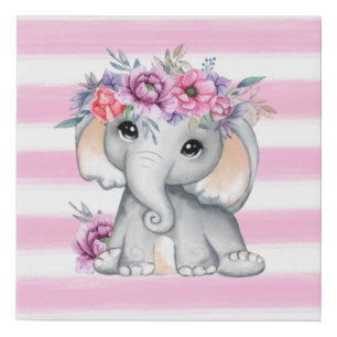 Chic Elephant Pink Floral Stripes Baby Girl Faux Canvas Print