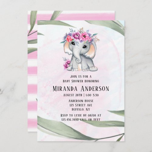 Chic Elephant Pink Floral Stripes Girl Baby Shower Invitation