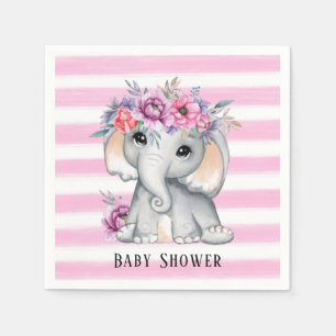 Chic Elephant Pink Floral Stripes Girl Baby Shower Napkins