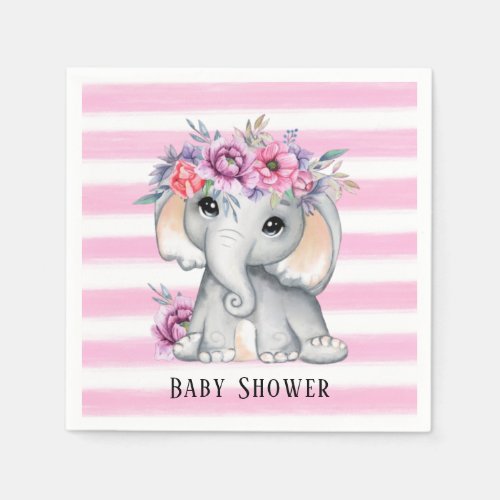 Chic Elephant Pink Floral Stripes Girl Baby Shower Napkins