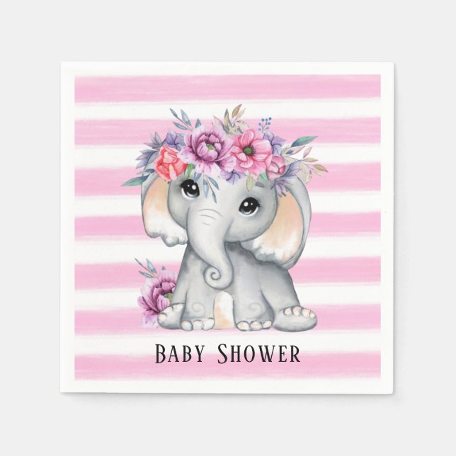 Chic Elephant Pink Floral Stripes Girl Baby Shower Napkins (Front)