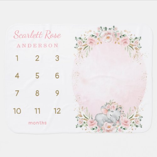 Chic Elephant Pink Floral Wreath Monthly Milestone Baby Blanket