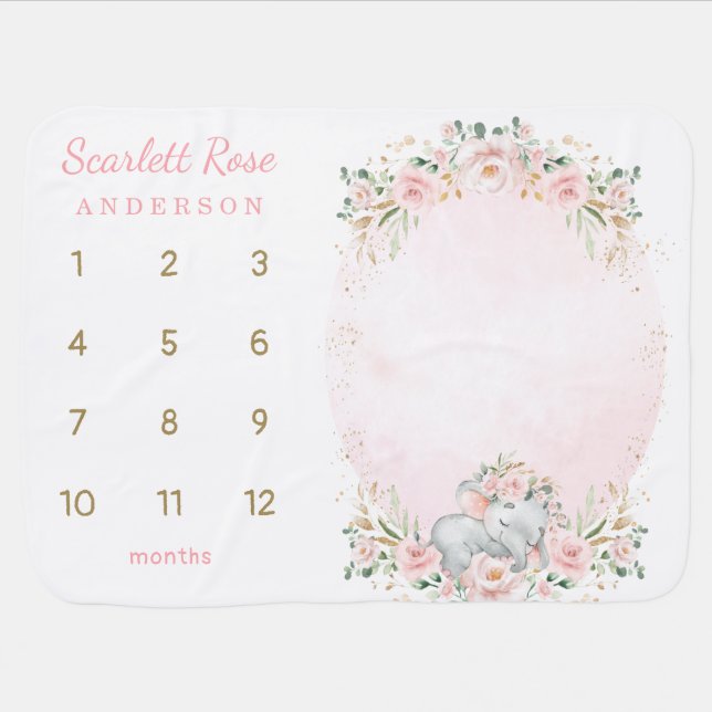 Chic Elephant Pink Floral Wreath Monthly Milestone Baby Blanket (Horizontal)