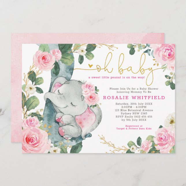 Chic Elephant Pink Roses Greenery Girl Baby Shower Invitation (Front/Back)