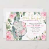 Chic Elephant Pink Roses Greenery Girl Baby Shower Invitation (Front)
