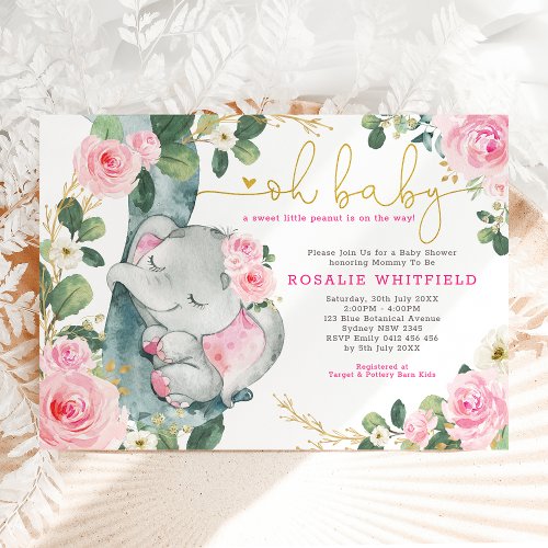 Chic Elephant Pink Roses Greenery Girl Baby Shower Invitation