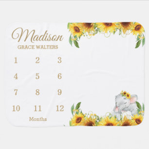 Chic Elephant Sunflower Floral Monthly Milestone Baby Blanket