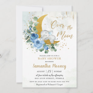 Chic Elephant We're Over the Moon Boy Baby Shower  Invitation