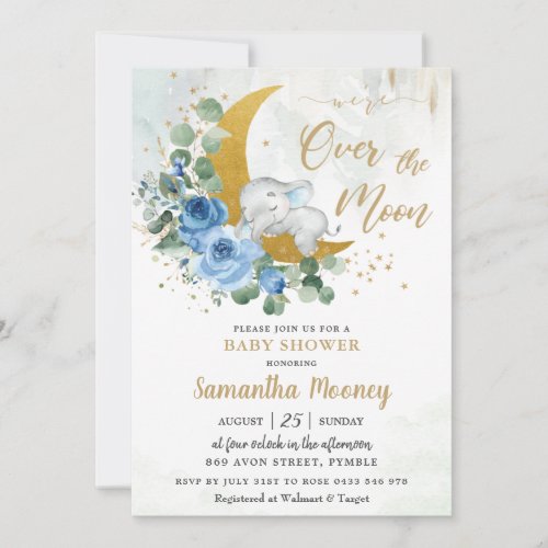 Chic Elephant Were Over the Moon Boy Baby Shower  Invitation