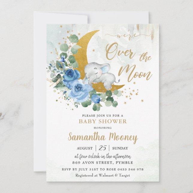 Chic Elephant We're Over the Moon Boy Baby Shower  Invitation (Front)