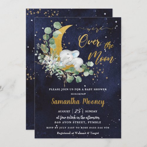 Chic Elephant Were Over the Moon Boy Baby Shower Invitation