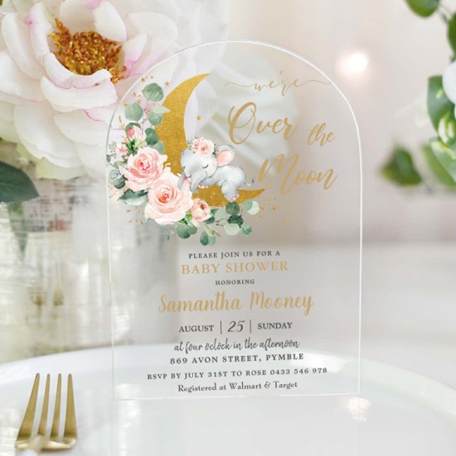 Chic Elephant We're Over the Moon Girl Baby Shower Acrylic Invitations (Creator Uploaded)