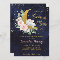 Chic Elephant We're Over the Moon Girl Baby Shower Invitation