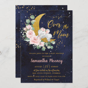Chic Elephant We're Over the Moon Girl Baby Shower Invitation