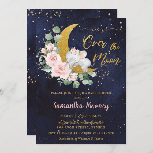 Chic Elephant Were Over the Moon Girl Baby Shower Invitation