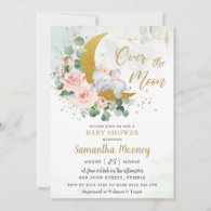 Chic Elephant We're Over the Moon Girl Baby Shower Invitation