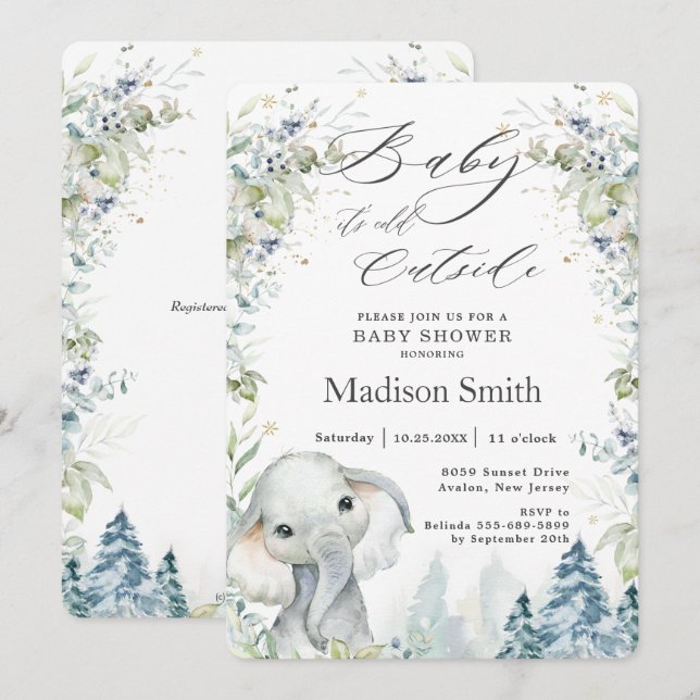 Chic Elephant Winter Alpine Baby Shower Neutral  I Invitation (Front/Back)