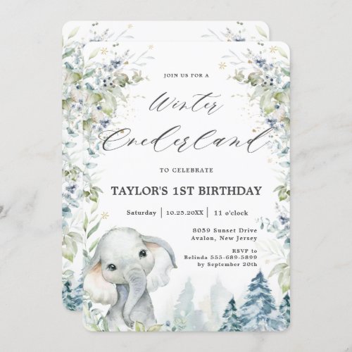 Chic Elephant Winter Onederland 1st Birthday Invitation