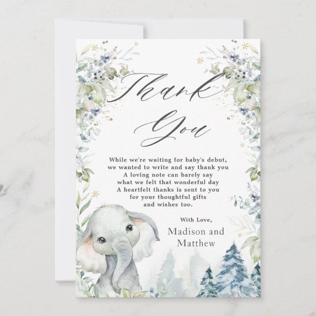 Chic Elephant Winter Wonderland Baby Shower  Thank You Card (Front)