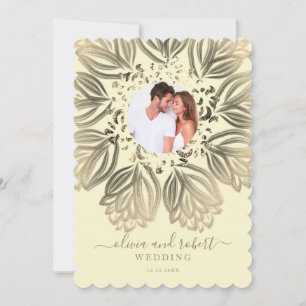 Chic Elgant Cream Beige Gold Floral Photo Wedding Invitation