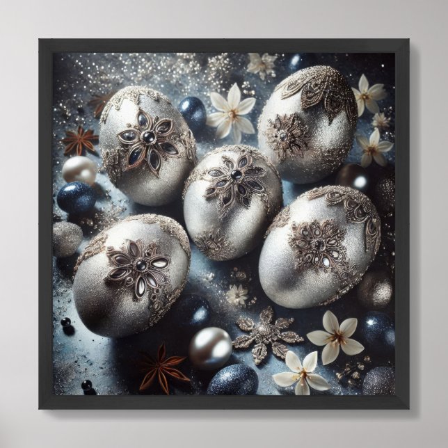 Chic embellished glass silver and blue Easter eggs Framed Art (Framed Front)