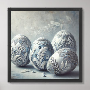 Chic embellished glass silver and blue Easter eggs Framed Art