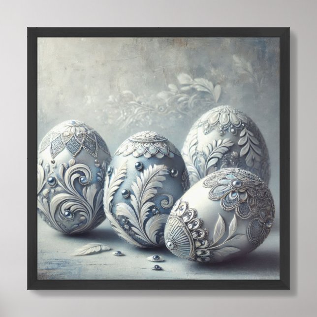 Chic embellished glass silver and blue Easter eggs Framed Art (Framed Front)