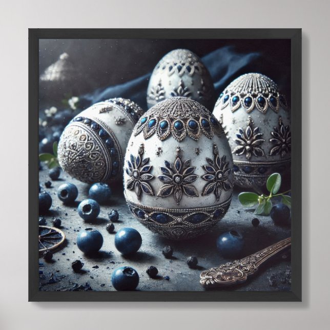 Chic embellished glass silver and blue Easter eggs Framed Art (Framed Front)