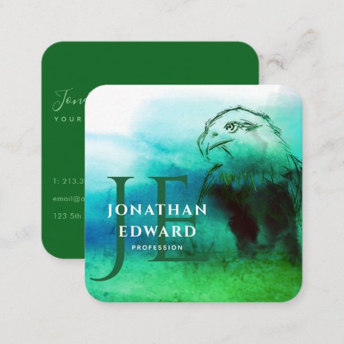 Chic Emerald American Bald Eagle Abstract Monogram Square Business Card