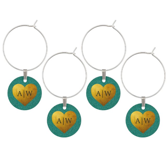 Chic Emerald Glitter Gold Heart Monogram Wedding Wine Charm (Staggered)
