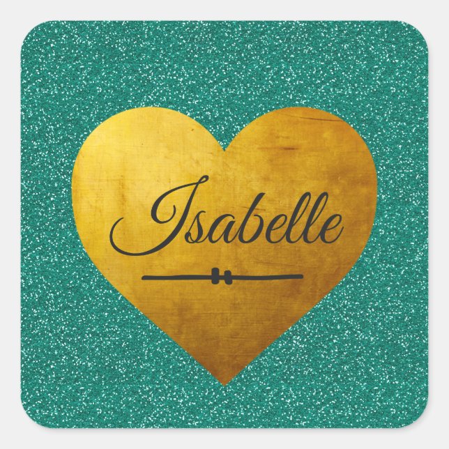 Chic Emerald Glitter Gold Heart Name Monogram Square Sticker (Front)