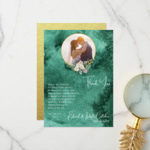 Chic Emerald Green Color Wash Custom Photo Wedding Thank You Card
