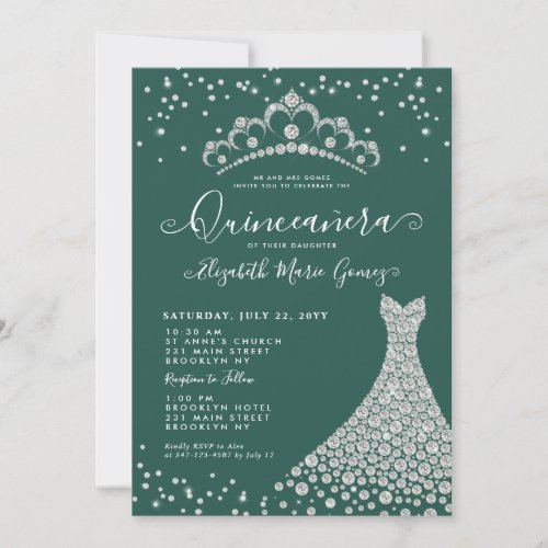 Chic Emerald Green Diamond Tiara Gown Quinceanera Invitation