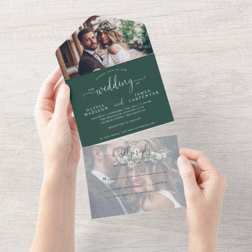 Chic Emerald Green Elegant Script 2 Photo Wedding All In One Invitation